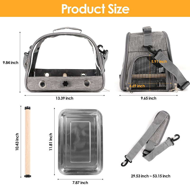 Bird Travel Carrier with Perch Parakeet Backpack Carriers with Stainless Steel Plate Portable Pet Carrier Bag for Bird Cage Accessories Transparent Travel Carrier Cage for Budgie Conure Cockatiel Grey - PawsPlanet Australia