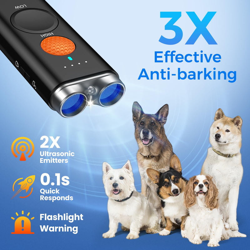 Dog Bark Deterrent Device, Anti Barking Device for Dogs Training Indoor Outdoor No More Bark Ultrasonic 2X Effective Emitters 50ft Range to Stop Neighbors Dog Barking Rechargeable for All Dogs Black