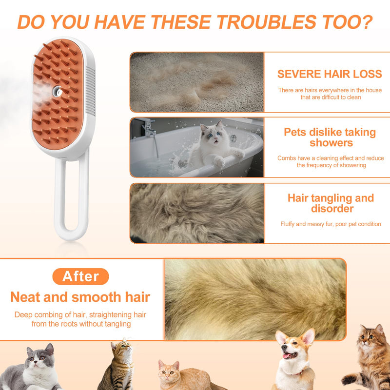 Steam Brush for Cat & Dog – 3-in-1 Spritz Pet Spray Hair Removal Comb for Grooming & Shedding Steam – Water Brush for Long & Short Haired Pets 7.7?-30ML white