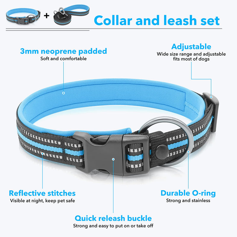 BSEEN Reflective Dog Collar and Leash Set - Adjustable Nylon Dog Collar& Leash with Neoprene Padded, Heavy Duty Dog Collar with 5 Feet Dog Lead for Dog Walking (Blue, Small) Blue