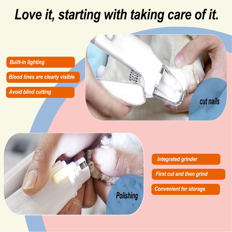 2-in-1 Dog Nail Grinder & Clipper - Ultra-Quiet USB Rechargeable Pet Nail Trimmer with LED Light, Multiple Sanding Ports, and Splash Guard for Small, Medium, & Large Dogs and Cats (White) - PawsPlanet Australia