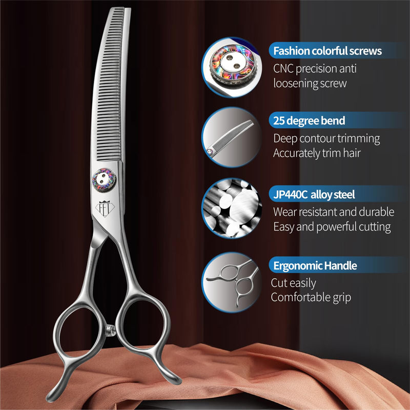 Professional Dog Grooming Scissors, 7 Inch JP440C Stainless Steel, 25% Thinning Curved Shears with Ergonomic Handle, Silver (Curved Thinner, 7.0") Curved Thinner 7.0" - PawsPlanet Australia