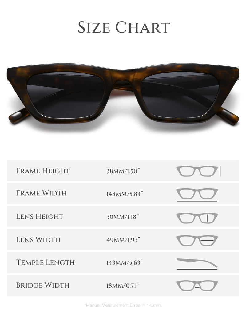 Narrow Square Cat Eye Sunglasses for Women | Retro Vintage-Chic UV400 Driving shades Brown Tortoise Frame/Grey Lens Standard - PawsPlanet Australia