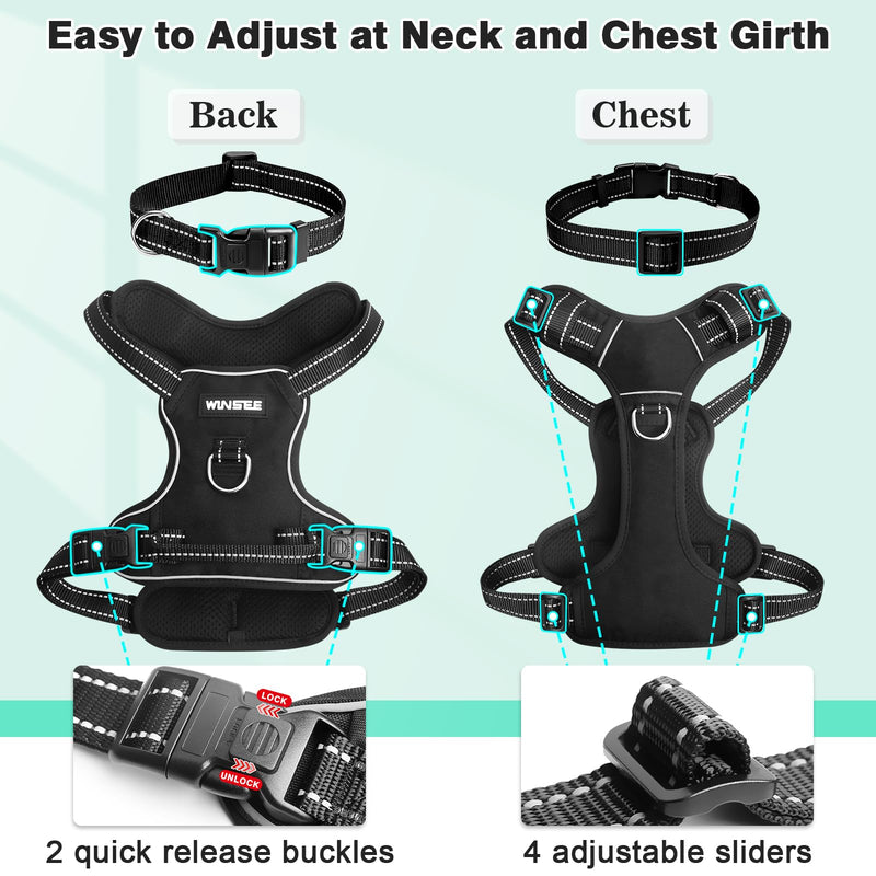 WINSEE Dog/Pet Harnesses No Pull with Dog Collar, Adjustable Reflective Oxford Outdoor Vest, Front/Back Leash Clips for Small, Medium, Large, Extra Large Dogs, Easy Control Handle for Walking X-Large Black