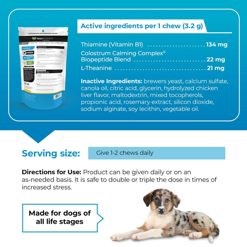 VetriScience Composure Calming Chews for Dogs - Clinically Proven Dog Anxiety Relief Supplement with Colostrum, L-Theanine & Vitamin B1 for Stress, Storms, Separation & More - 60 Count, Chicken Flavor 60 Chews