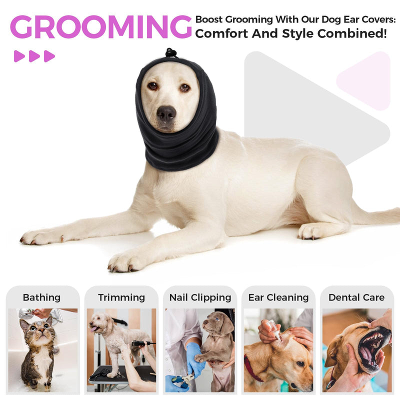 Dog Snood - Ear Covers for Bath, Grooming & Noise Anxiety Relief - Soft, Breathable Dog Neck & Ear Warmer Large Black
