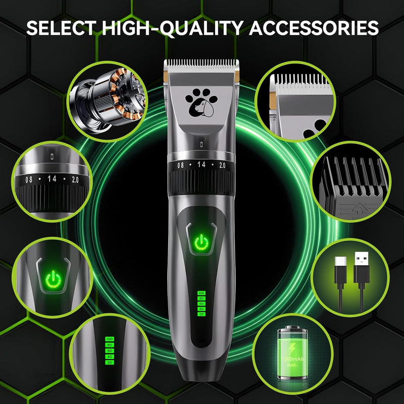 Dog Clippers Cordless, Professional Cat Trimmer, 2-Speed Low Noise Dog Grooming Kit, Pet Trimmer for Small Large Thick Hair Dogs - PawsPlanet Australia