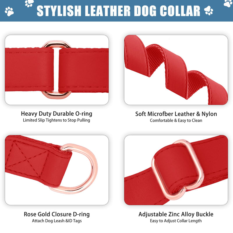 Soft Leather Martingale Dog Collar - Adjustable Rose Gold Limited Slip Collars [Easy to Clean], Stylish Durable Heavy Duty Nylon No Pull Training Collar for Small Medium Large Dogs M Red M (Neck 14"-21", Width 1") - PawsPlanet Australia
