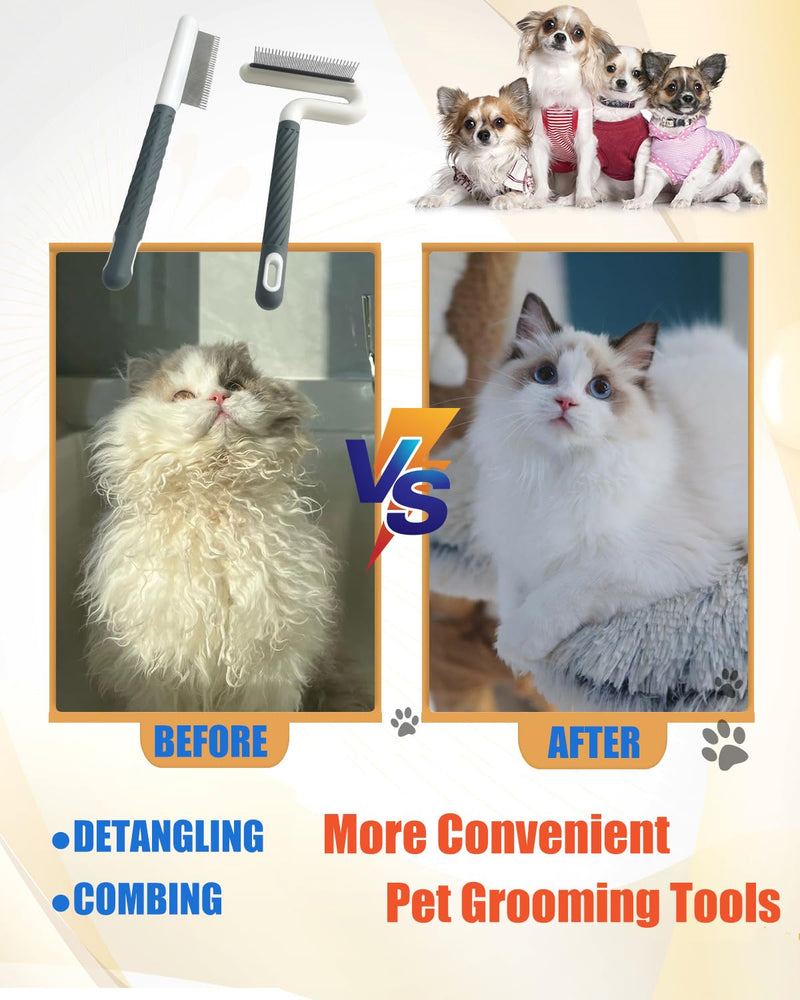 2 PCS Pet Comb with Long & Short Stainless Steel Teeth,Flea and Tick Comb for Dogs & Cats,Pet Grooming Brush for Short&Long Hair,2 different shapes with Rubber Handle - PawsPlanet Australia