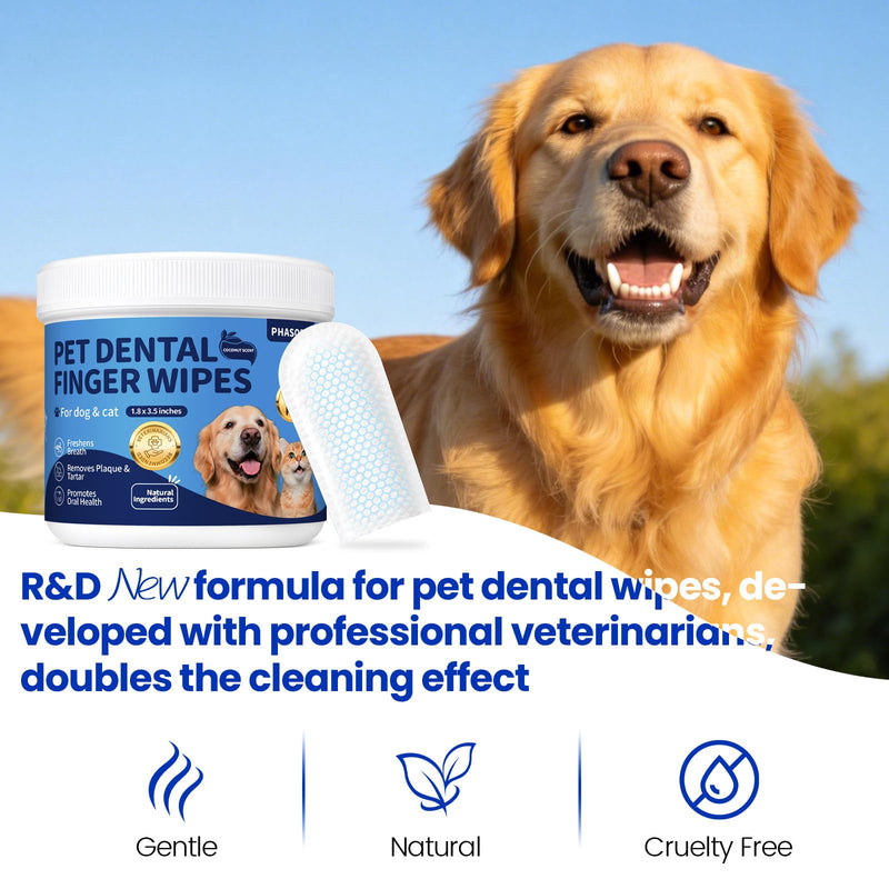Dog & Cat Tooth Brushing kit - 60Ct Dog Toothbrush & Toothpaste Alternatives, Dental Care Wipes, Heavy Duty Teeth Cleaning, Remove Tartar & Plaque, Breath Freshener(Coconut) Coconut