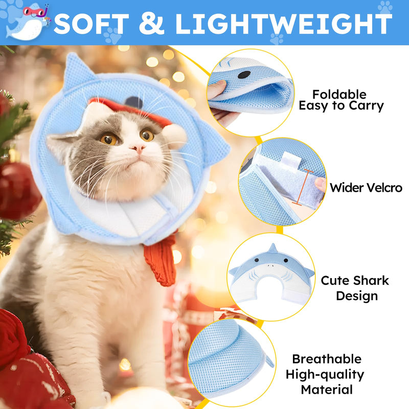 Cat Cone Collar Soft, Adjustable Cat Recovery Collar After Surgery to Prevent Licking Wound, Breathable Cat Neck Cone Comfortable Pet Elizabethan Collar for Cats Kittens Cute Shark Design Small Blue Shark - PawsPlanet Australia