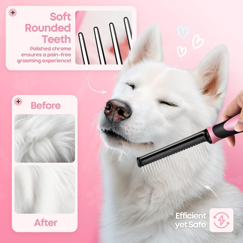 Flexzion Dog Comb - Pet Cat Grooming Trimmer Brush Stainless Steel Blade for Small Animal Puppy Matted Tangles Hair Cutting Removing Tool with Rounded Teeth Needle Soft Grip Handle (Pink) - PawsPlanet Australia