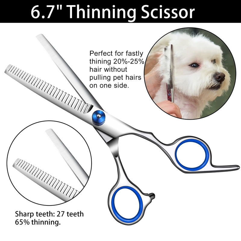 Dog Grooming Scissors with Safety Round Tip,Professional Dog Grooming Kit,Dog Hair Shears Set,Incude Thinning、 Curved、Straight Scissors and Comb.Suitable for The Right Hand Blue 5 in 1 - PawsPlanet Australia