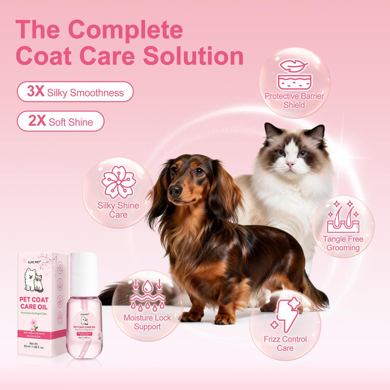 Pet Coat Care Oil, Cherry Blossom & Squalane Extract | Luster Enhancing Elixir, Radiant Shine & Protective Coating; Professional Silk Gloss Finish for Dull Coats, Non-Greasy, Dogs Cats, 1.69 fl. oz Sweet Sakura
