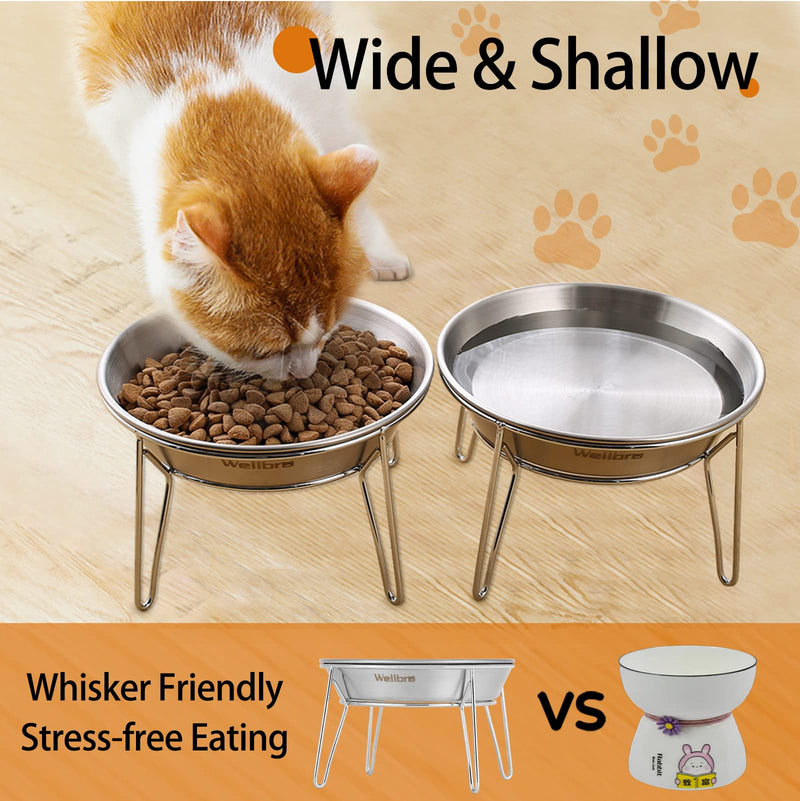 Elevated Cat Bowls, 5.9 Inch Wide Stainless Steel Cat Food Bowls with Metal Stand Whisker Stress-Free, Raised Food and Water Dish for Cats, Kitten, Puppies and Small Dogs-2 Pack 2 pack raised bowls