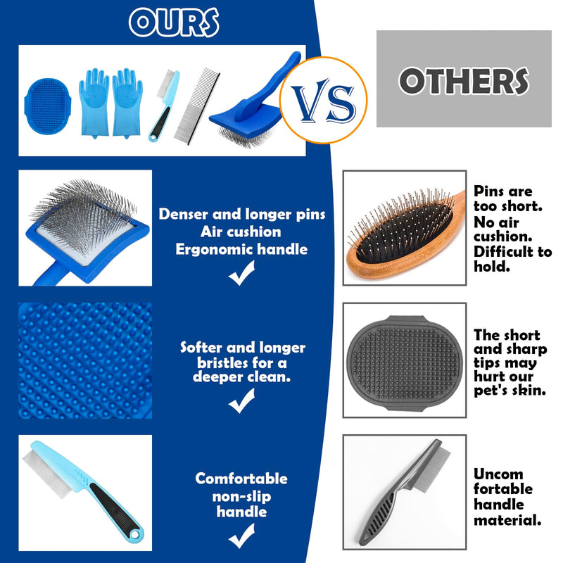 Dog Grooming Brush Set – 5-Piece Kit for Medium & Long-Haired Dogs | Includes Long Pin Brush, Flea Comb, Bath Glove, Silicone Glove, Metal Comb | For Poodles, Huskies & More (Blue) - PawsPlanet Australia