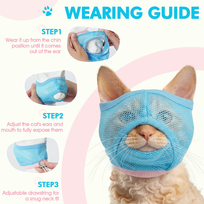 2 Pieces Visible & Breathable Cat Muzzle for Grooming, Anti-Bite Pet Mask with Adjustable Neck Size and Ear-Friendly Design Blue M