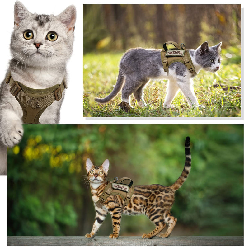 Tactical Cat Harness for Walking Escape Proof, Soft Mesh Adjustable Pet Vest Harness for Large Cat,Small Dog (Medium, Khaki) Medium