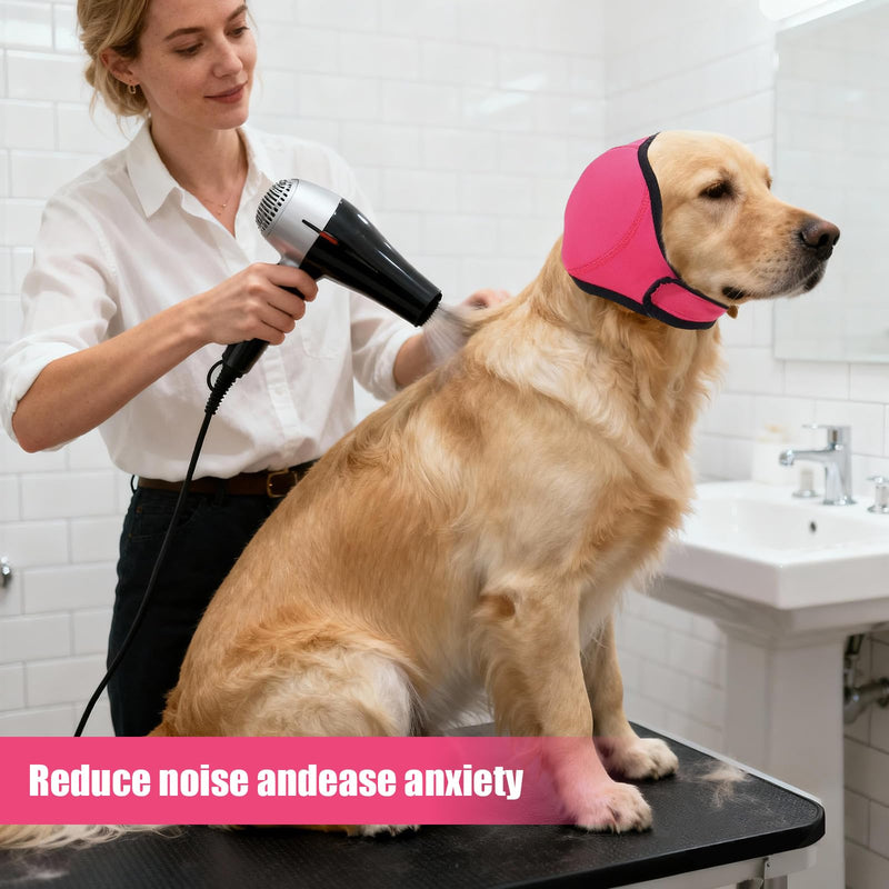 Dog Calming Ear Wrap with Noise Reduction—Adjustable Anxiety Soothing Headgear for Thunder, Fireworks & Bathing, Fits Head Circumference 35-48cm, Neoprene Material, Pink and Gray, 2 Pack