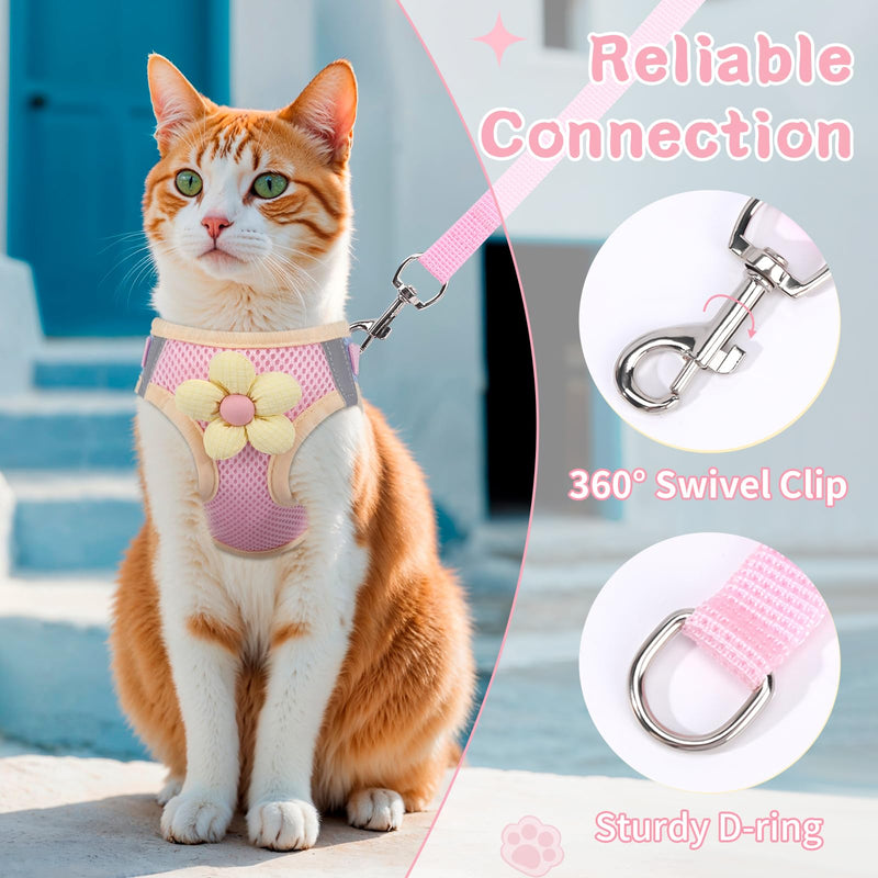 Cat Harness and Leash Set for Walking Escape Proof, Adjustable Kitten Harness Breathable Mesh with Reflective Strips Harness with Flower for Kitty Puppy Bunny Sakura pink Extra Small - PawsPlanet Australia