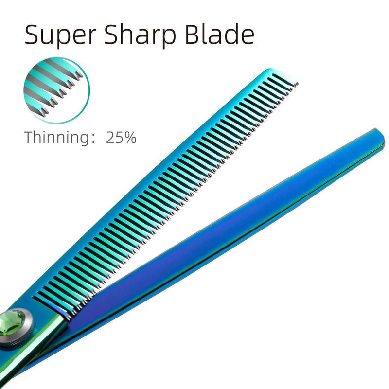 FENICE PEAK 7'' Green Thinning Dog Grooming Scissors Pet Shears with Ergonomic Offest Handle and Simulated Emerald Screw 440C Grooming Scissors Trimming Shears Durable and Sharp Thinner 7"