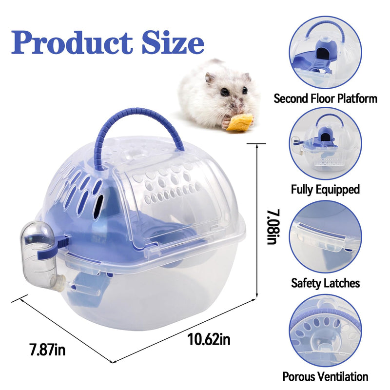 Dwarf Hamster Carrier Cage,Hamster Carrier Portable Hamster Travel Carry Case Breathable 2 Tiers with Silent Exercise Wheels,Water Bottle,Food Dish(Blue) - PawsPlanet Australia