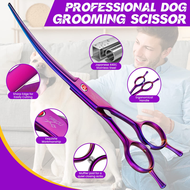 JASON Curved Shears for Dogs - 7.5" Pet Grooming Scissors with Ergonomic Handle Japanese Stainless Steel Trimming Scissor for Dogs, Cats and Other Pets, Sharp (Up-Curved, Purple) Up-curved - PawsPlanet Australia