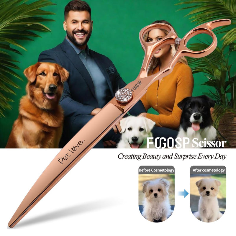 Professional Left Handed Curved Dog Grooming Scissors 8'' Downward 30° Rose Gold Titanium Japan 440C Pet Grooming Trimming Shears for Large Dog Poodle(8,Curved) 8.0‘’ Lefty Curved - PawsPlanet Australia
