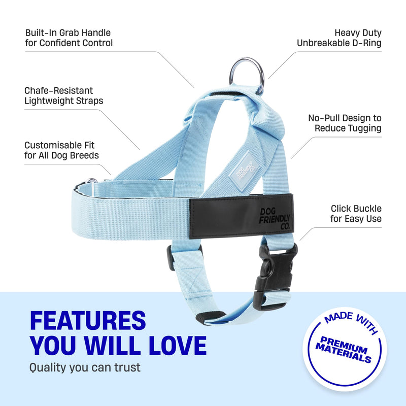 DF Co. Dog Harness | Chafe Resistant Webbing, Adjustable Neck & Chest, and Heavy Duty D-Ring | Sturdy, Comfortable, Easy to Use | Sky Blue, Size S Small - PawsPlanet Australia