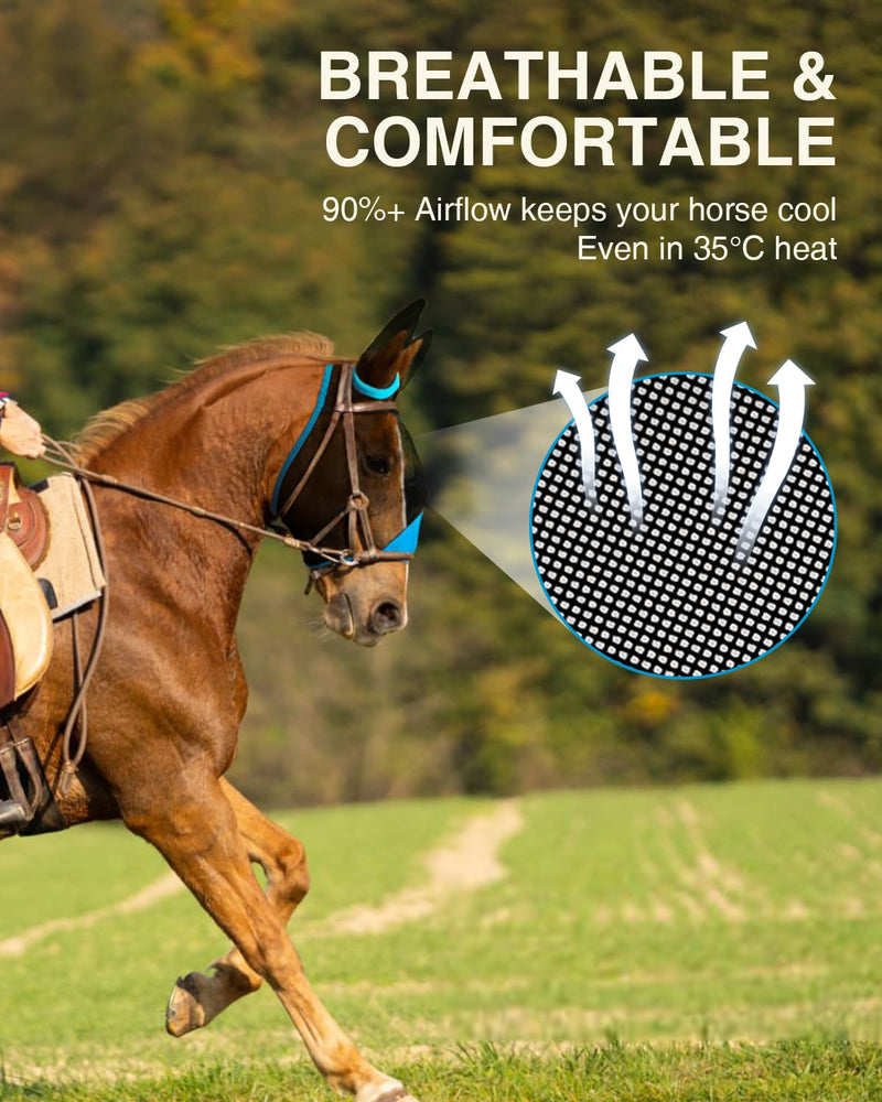 Hilltown Adjustable Fly Mask for Horse with Ears - UV-Block, Large Eye Space, Breathable, Built to Last, Comfort Fit - Horse Fly Mask for Daily Stable, Hot Weather Riding & Competition - X-Full, Blue - PawsPlanet Australia