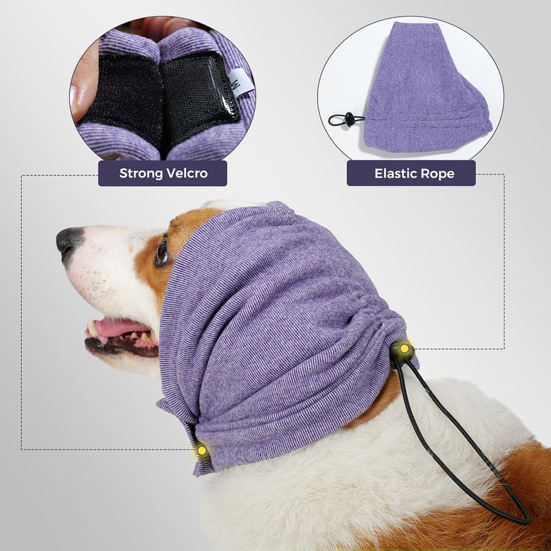 HEYWEAN Dog Ear Muffs with Velcro Noise Protection Hoodie for Dogs Breathable Calming Head Wrap with No Flap Ear Covers Anxiety Relief for Thunderstorms Purple Medium