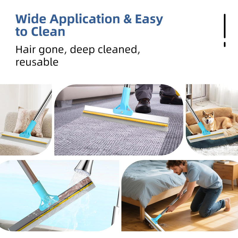 Carpet Rake for Pet Hair Removal - 54" Adjustable 2 in 1 Carpet Broom with Copper Rake Scraper & TPU Brush, Reusable Cat Dog Hair Remover Tool for Deep Cleaning Carpets, Rugs, Mats, and Stairs (Blue) Blue Pro+Mini+Glove - PawsPlanet Australia