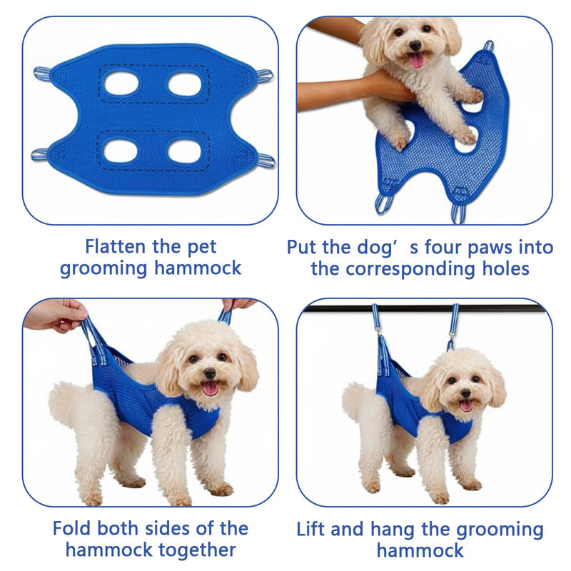 Dog Grooming Hammock Harness Kit, Breathable Dog Sling for Nail Clipping/Trimming, Adjustable Pet Grooming Restraint Bag with Clippers File Comb S-hooks Slings Grooming Supplies Kit for Claw Care Blue