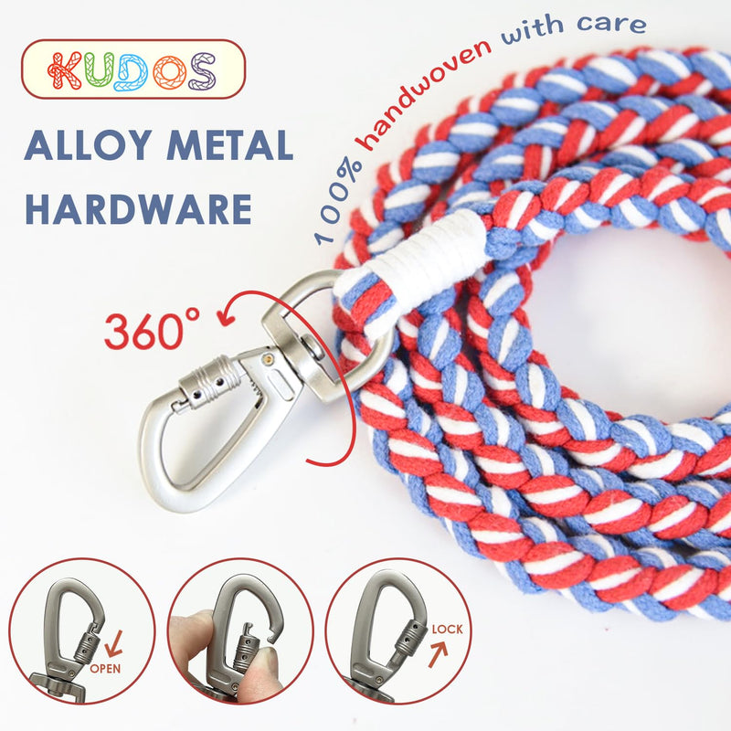 KUDOS Braided Cotton Dog Leash – Secure Handle & Locking Buckle, Handwoven Rope in Red Blue White, 5.2ft Leash with Floral Charm for Small to Large Dogs, Nautical Theme Nautical Breeze - PawsPlanet Australia