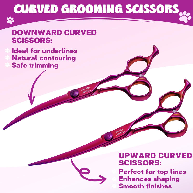 JASON Dog Grooming Scissors Set - Professional 6 in 1 Dog Shears Set - 7" Curved Thinner, 7" Straight, 7" Up-Curved, 7" Down-curved Scissors and Comb for Dog Cat Pet with Adjustable Screw Curved Thinner Set - PawsPlanet Australia