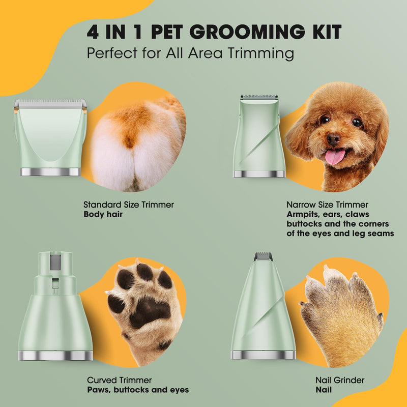 Upgrade Dog Grooming Kit, Cordless Dog Paw Trimmer, 4 in 1 Low Noise Pets Hair Clipper Grooming Kit, 2-Speed Nail Grinder with Stainless Steel Blade for Small Pet with Thick Coats (Green) Green - PawsPlanet Australia