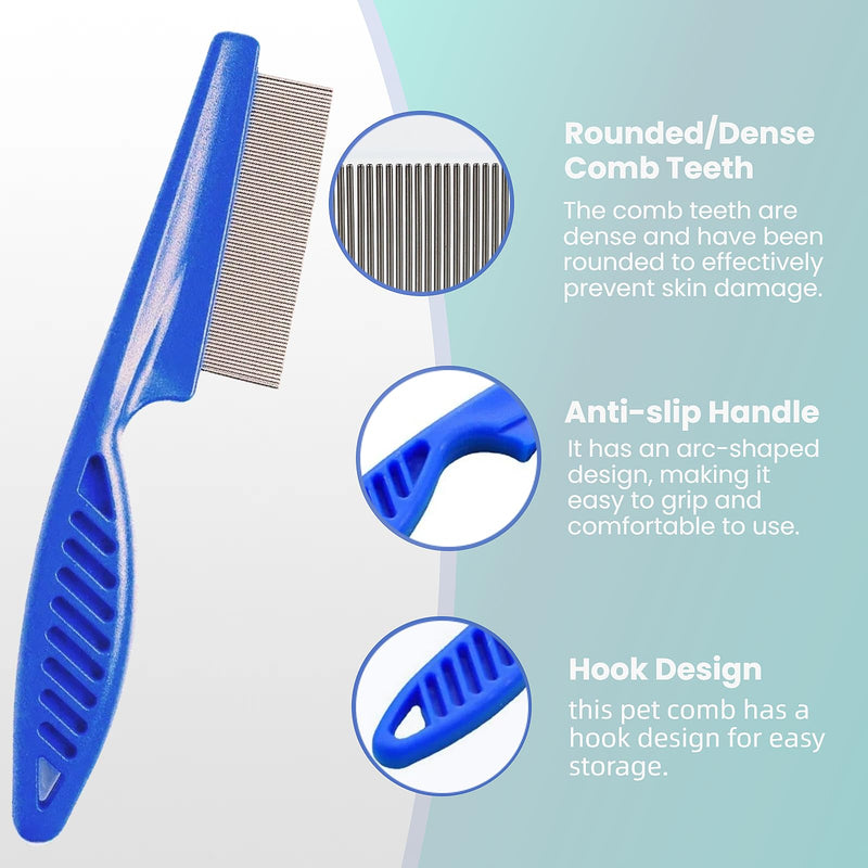 5 Pack Flea & Lice Comb Set for Cats, Dogs & Kids – Stainless Steel Fine Tooth Nit Comb Kit with Double-Sided Tear Stain Remover, Grooming Brush & Peine para Piojos for Thick Hair (Blue) Blue 1-Pack