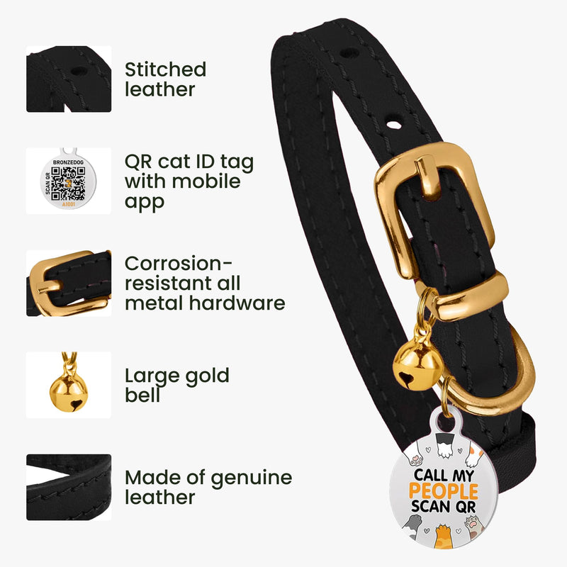BRONZEDOG Leather Cat Collar with Bells Non Breakaway Kitten QR Tag for Girl Boy (7" - 9" for Cats, Black & Gold) 7 - 9 inch - PawsPlanet Australia