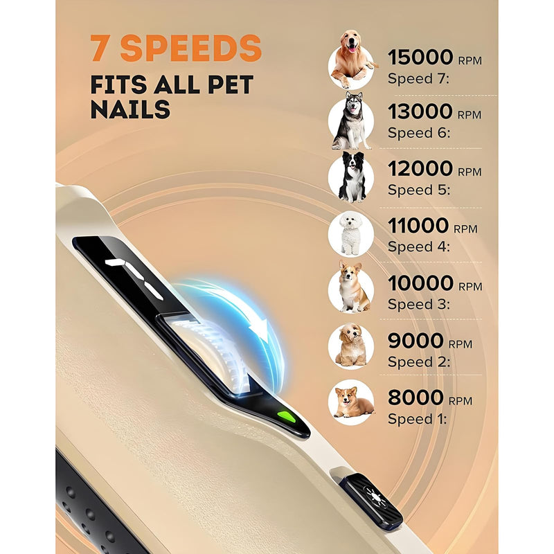 Dog Nail Grinder with Dust Collector, 7-Speed Powerful Nail Trimmer for Dogs, Cats & Large Pets, Features LED Light & Single-Hand Control, Quiet & Rechargeable (7-Speed with Dust-Collect)