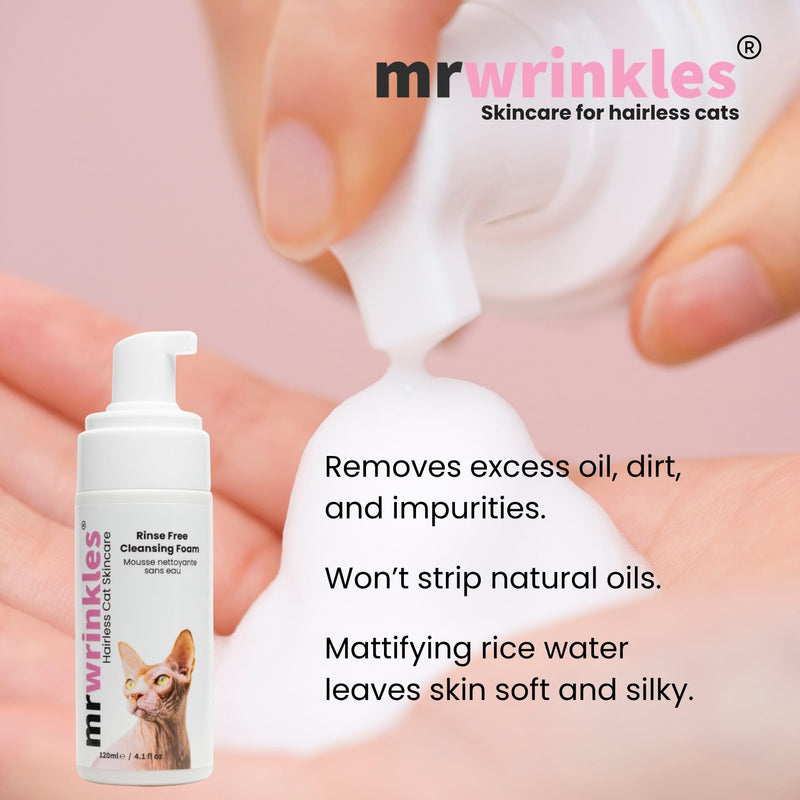 Sphynx Cat Rinse-Free Cleansing Foam – No Bath Needed, Wipe & Go, Mattifying Rice Water & Honey Formula, Gentle Shampoo Alternative for Hairless Cats – Mr. Wrinkles