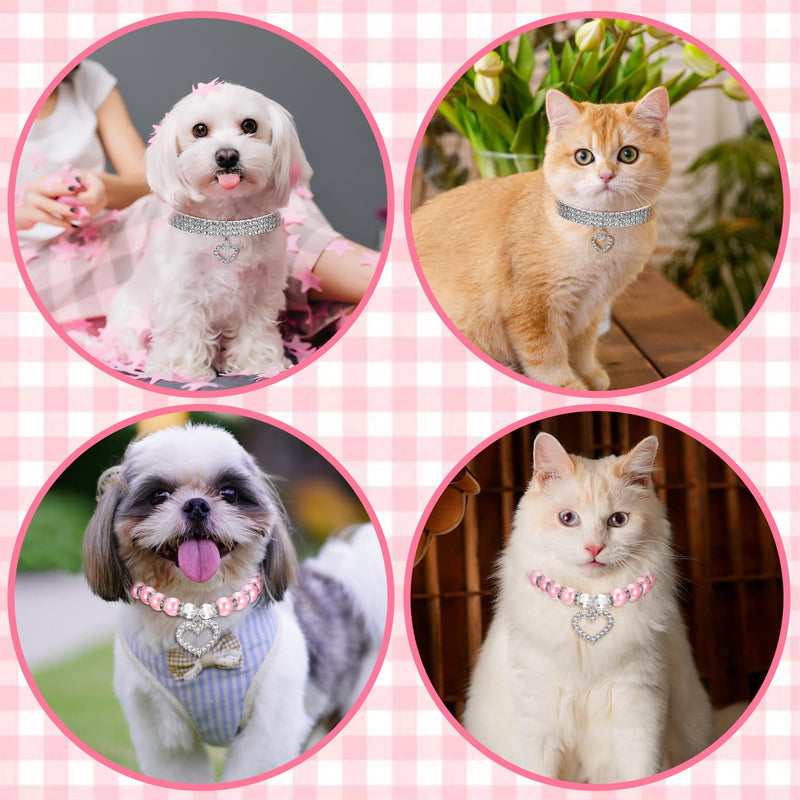 Rhinestone Dog Cat Collar Pearl Necklace Set Cute Pearl Cat Collar Adjustable Dog Necklace Collars for Small Cats Dogs Puppy (S, 2Pcs) - PawsPlanet Australia