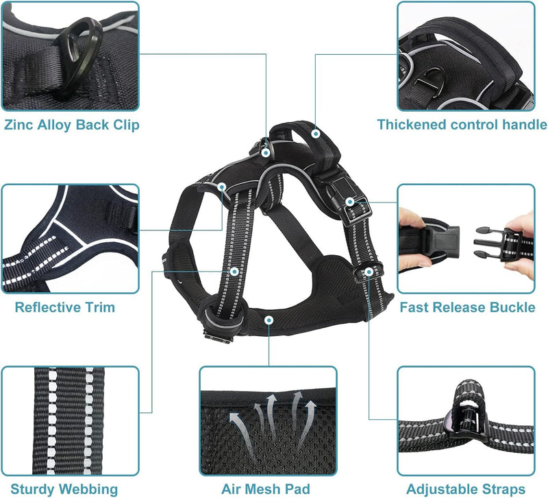 No Pull Dog Harness for Medium Dog with Dog Leash Adjustable Reflective Pet Vest with Front Clip Padded Harness and Lead Set Black M Black Harness+Leash - PawsPlanet Australia