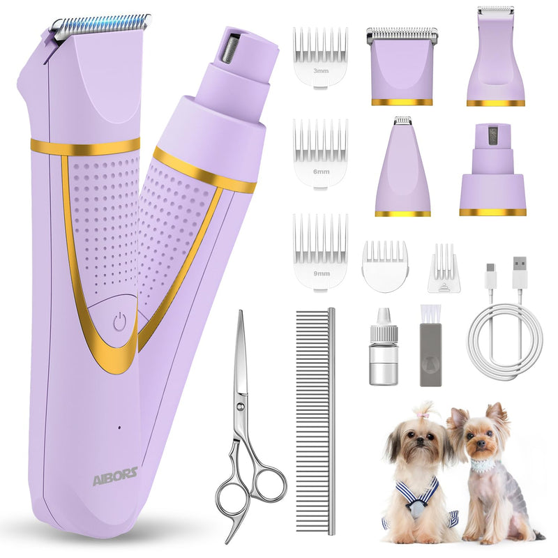 Small Dog Grooming Kit, 4 in 1 Electric Dog Trimmer for Grooming, Low Noise Dog Nail Trimmer, Cordless Pet Clippers for Dogs Cats, Grooming Paws, Eyes, Ears, Face, Hip Hairl (Purple) B-purple