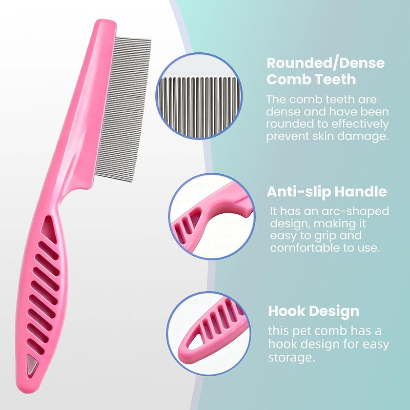 5 Pack Flea & Lice Comb Set for Cats, Dogs & Kids – Stainless Steel Fine Tooth Nit Comb Kit with Double-Sided Tear Stain Remover, Grooming Brush & Peine para Piojos for Thick Hair (Pink) Pink 1-Pack
