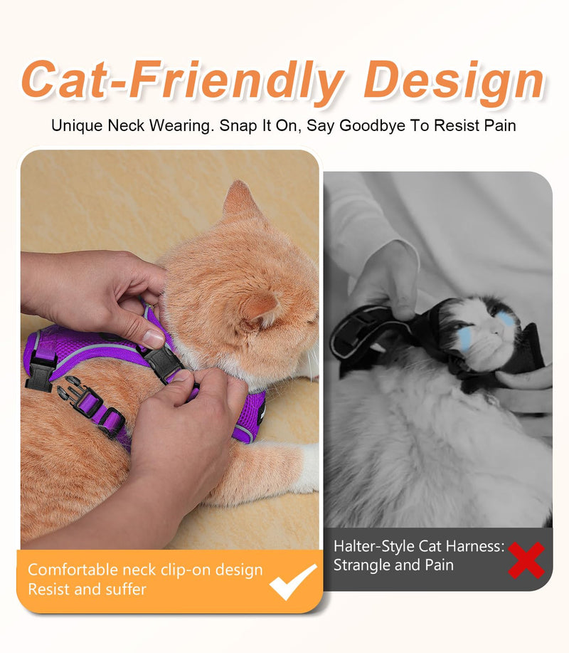 Halypet Cat Harness and Leash Set [ MAX Safety Third Generation ] Escape Proof Soft Adjustable Cat Leash Breathable Comfortable Vest Easy to Wear Kitten Harness for Outdoor Walking H200 Pro Purple Medium (13-18lb) - PawsPlanet Australia