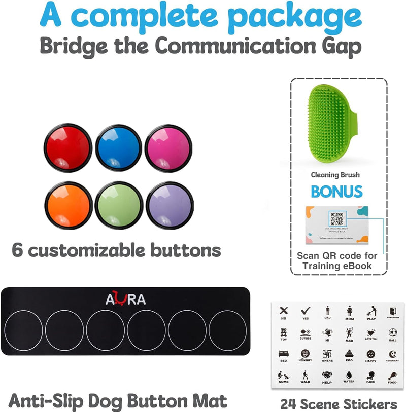 A-URA Dog Buttons for Communication with Non-Slip Mat, HD Sound 30s Recordable Dog Talking Button Set with Training Guide eBook and 24 Stickers, Pet Talking Buttons for Dog Speaking (6pc) Pack of 6 - PawsPlanet Australia