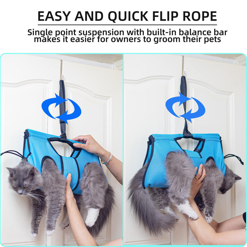 Pet Grooming Hammock for 10-20 lbs Pets - Door-Hook Hanging, Adjustable Height with Full Straps, Machine Washable, 1 Tool Bag Included, Blue