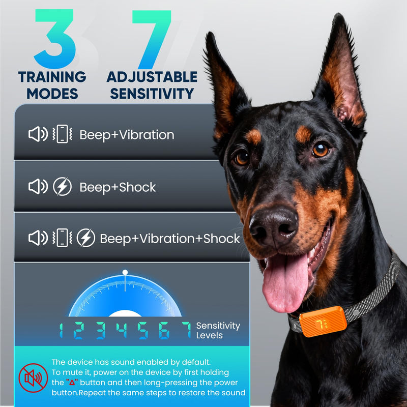 Dog Bark Collar for Large Medium Small Dogs, Effective No-Bark Collar, Smart Barking Collar, Rechargeable Bark Collar with 7-Level Sensitivity, 3 B & V Modes, Waterproof, Neon Orange - PawsPlanet Australia