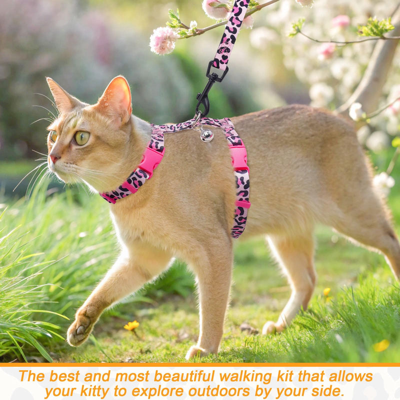 BEAUTYZOO Cat Harness and Leash Set Escape Proof for Walking, Kitten Soft Adjustable Vest Harnesses for Small Medium Large Cats, Easy Control Breathable Plaid Ribbon Nylon for Outdoor Indoor Use Medium(Chest: 14"-22") Leopard Pink - PawsPlanet Australia