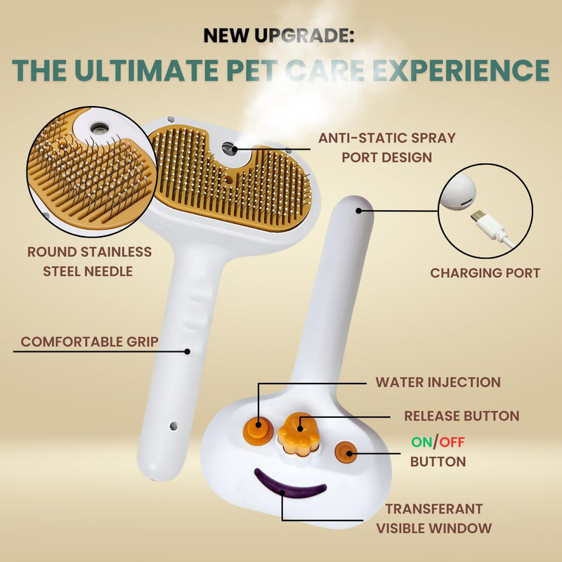 2025 Pet Grooming Brush with Spray for Cats & Dogs; Water/Mist/Steam Brush for Cat & Dog; 4in1: Self Cleaning, Anti Static Shedding Spray Comb, Hair Removal, Misting Indoor Steamy Grooming Brush - PawsPlanet Australia
